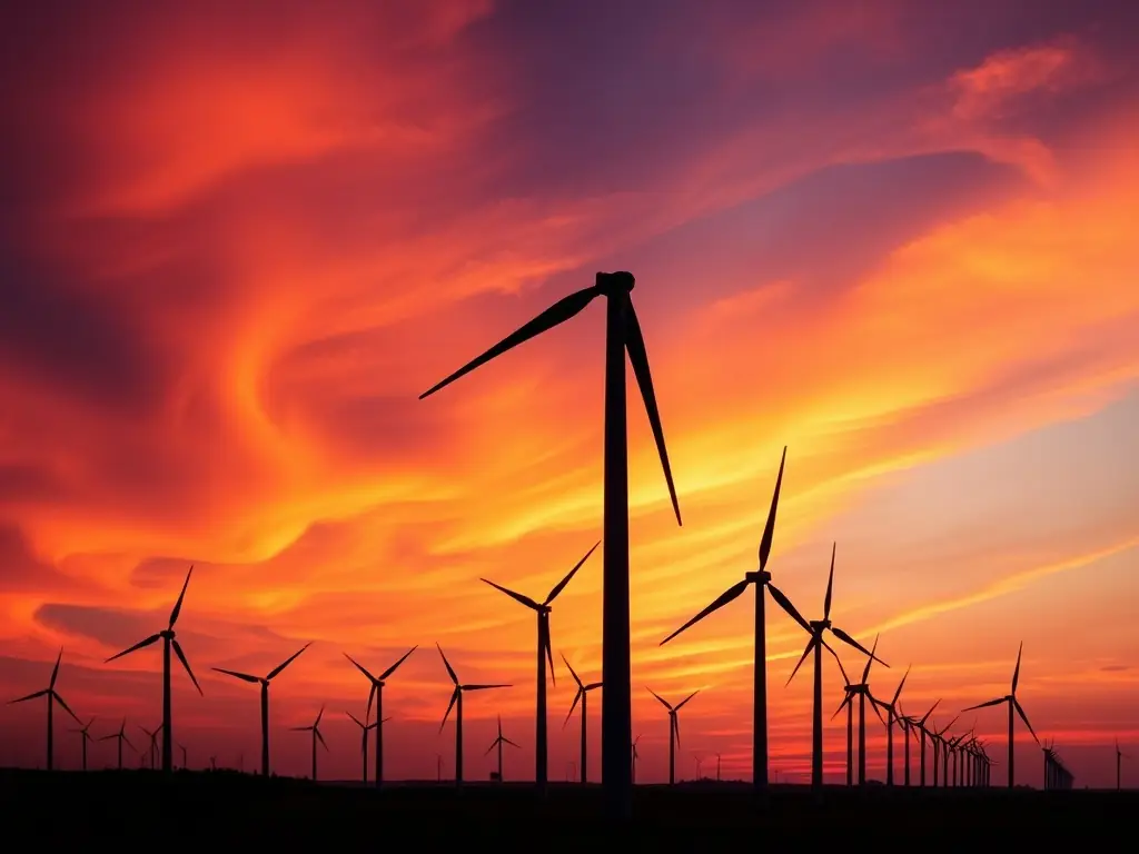 A drone shot of a wind farm at sunset, illustrating the Energy sector and the transition to renewable energy sources.