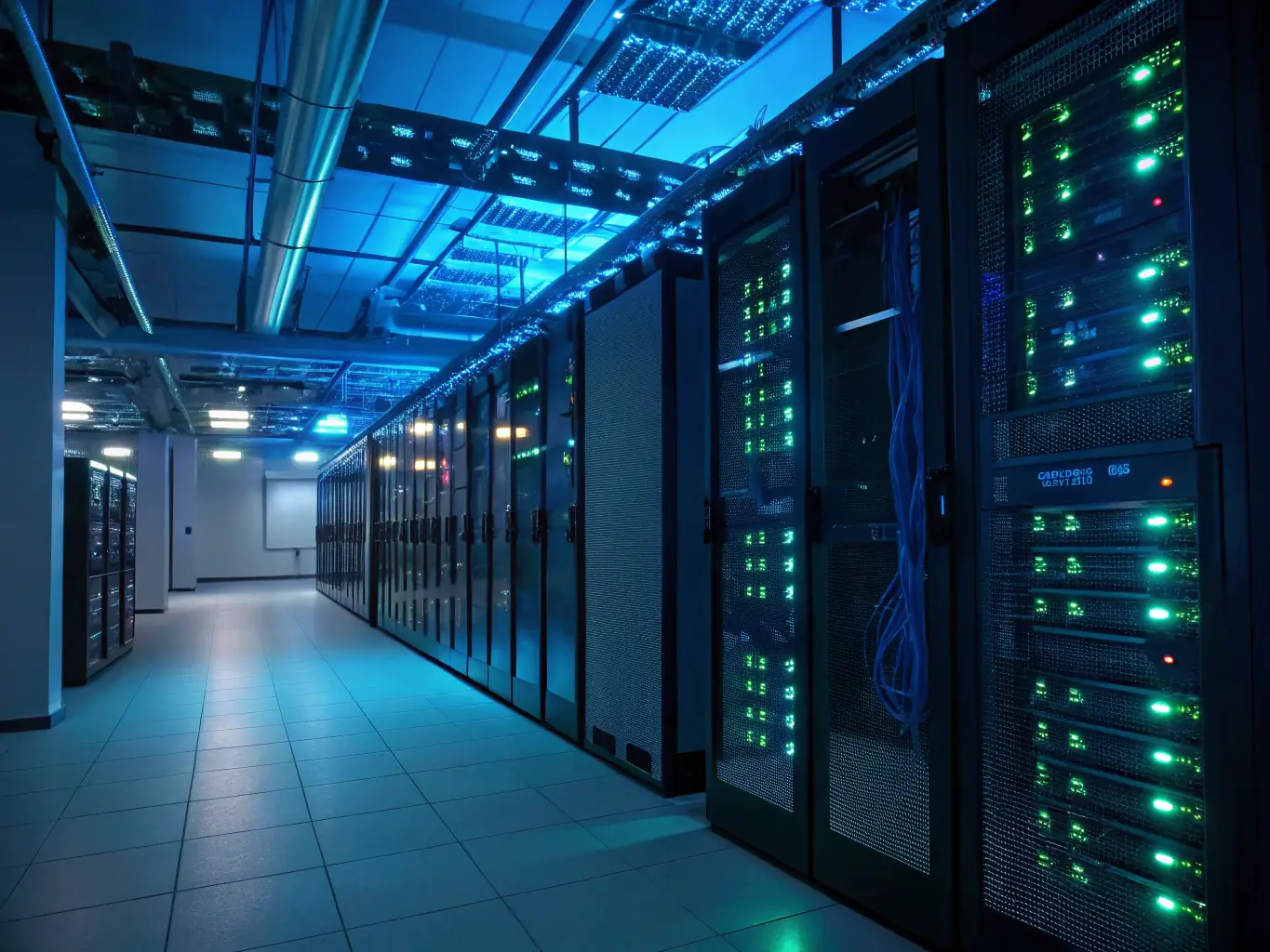A high-tech image of a server room with glowing lights and complex network connections, representing the Technology sector and the infrastructure required for AI and computing advancements.