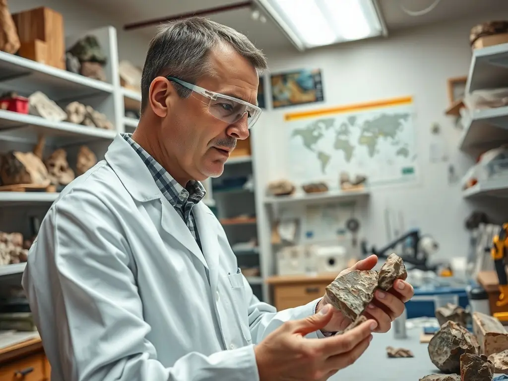 A photograph of a geologist examining a rock core sample in a modern laboratory setting, symbolizing the Raw Earth sector and the detailed analysis involved in evaluating potential mining investments.