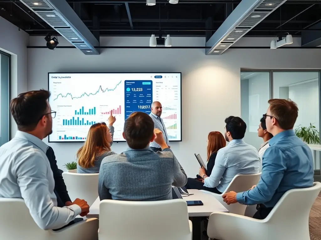 A photograph of a diverse team of investment professionals collaborating in a modern office setting, reviewing market data and discussing investment strategies.