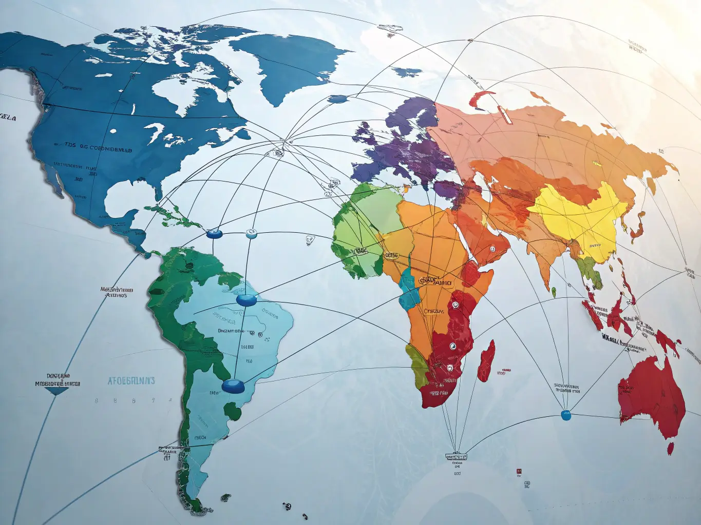 An image of a world map highlighting regions rich in natural resources, technological innovation hubs, and renewable energy projects.